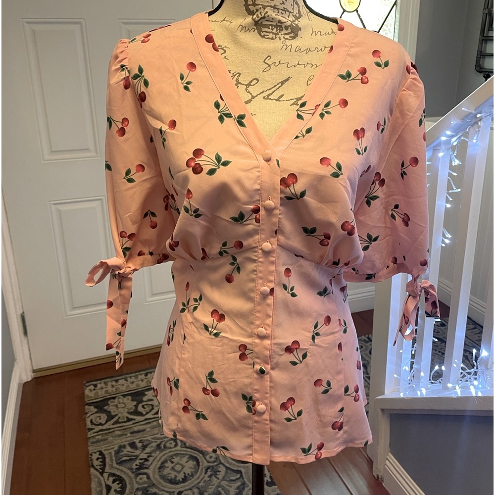 Retro 40’s chic baby doll puff sleeve pink with cherries blouse